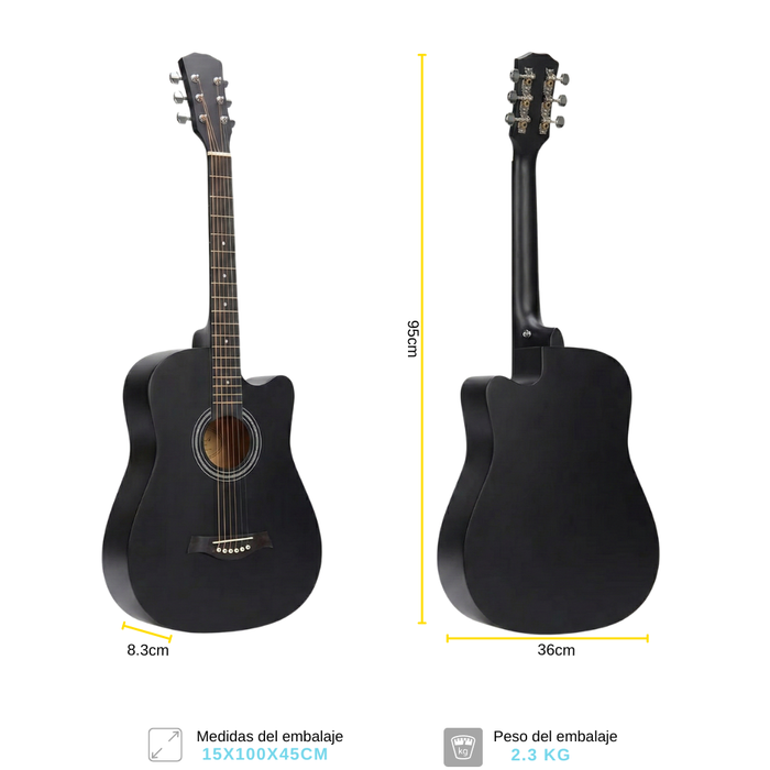 Guitarra Acústica Clásica 38 Pulgadas Diapasón Rosewood Negro Ambidiestro