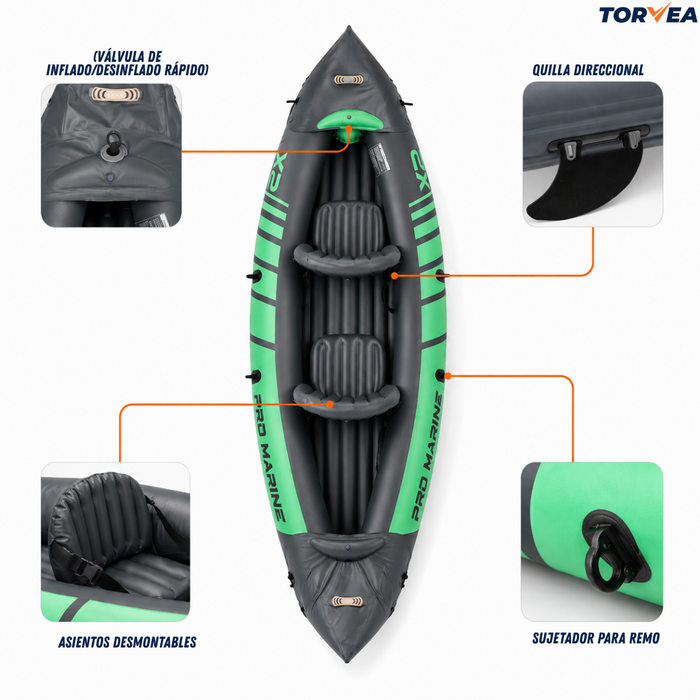 Kayak Inflable 2 Personas 180kg Remos Inflador Accesorios Verde
