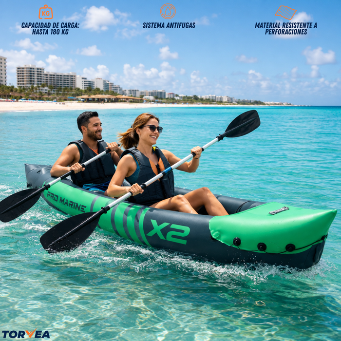 Kayak Inflable 2 Personas 180kg Remos Inflador Accesorios Verde