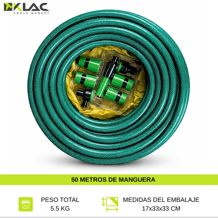 Manguera Jardín Riego Agua 1/2 Pulgadas 50m Con Acoples Verde