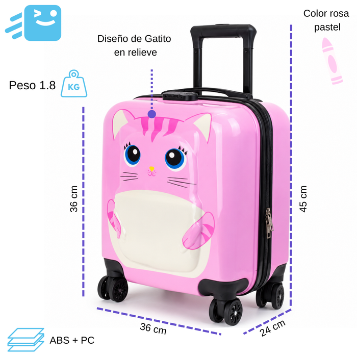 Maleta Ruedas Niños Carry On Infantil Rígida Diseño Gatito