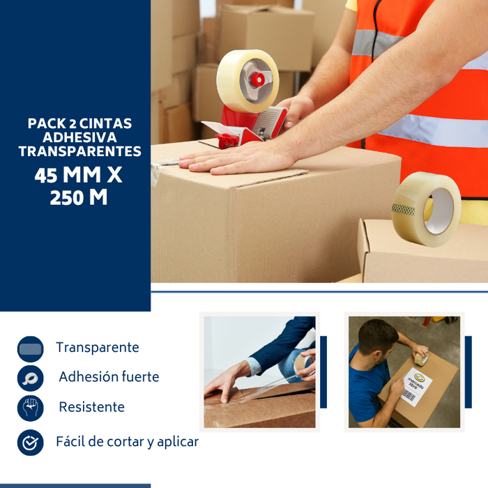 Cinta Adhesiva De Embalaje 45mmx250m Transparente Pack 2 - Transparente - Lisa