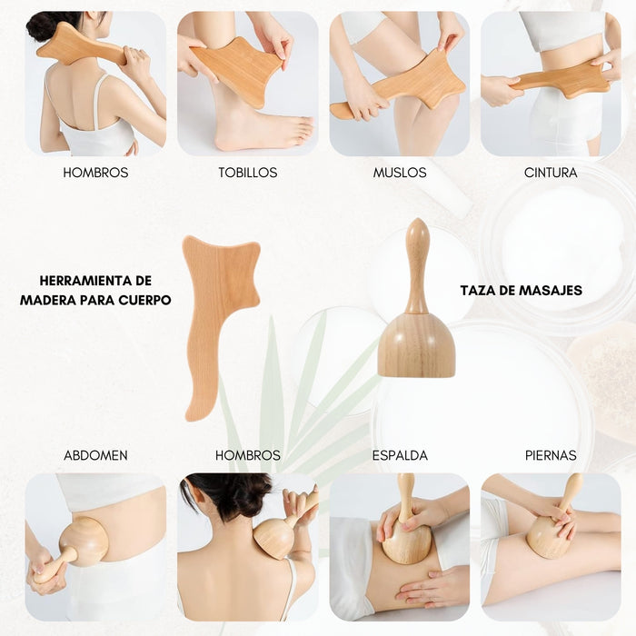 Set Maderoterapia 6 Piezas Rodillo Para Masaje Gua Sha