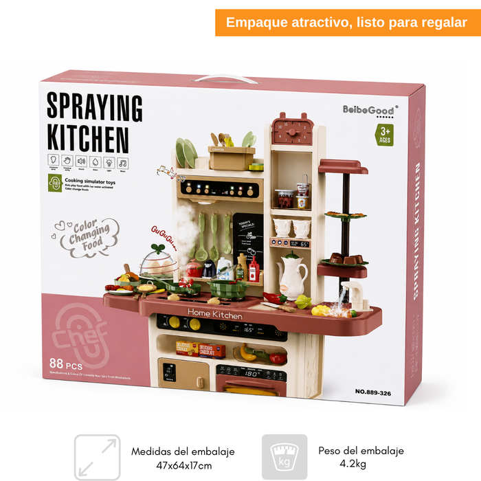 Cocina De Juguete Grande 93cm 88pcs Vapor Agua Grifo Luces