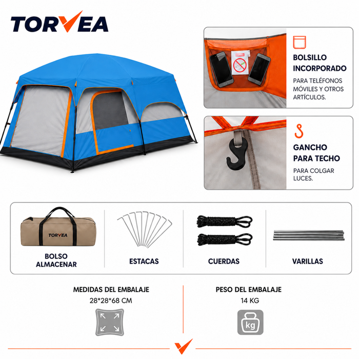 Carpa Camping Tienda Familiar 8 A 12 Personas Impermeable Azul