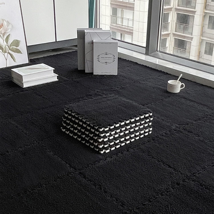 Set 10 Alfombras Goma Eva Peluda Niños Piso Felpa 30x30cm Negra
