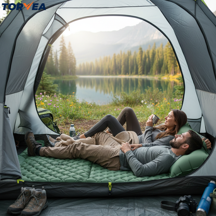 Colchoneta Inflable Doble Camping Plegable Con Almohada Verde