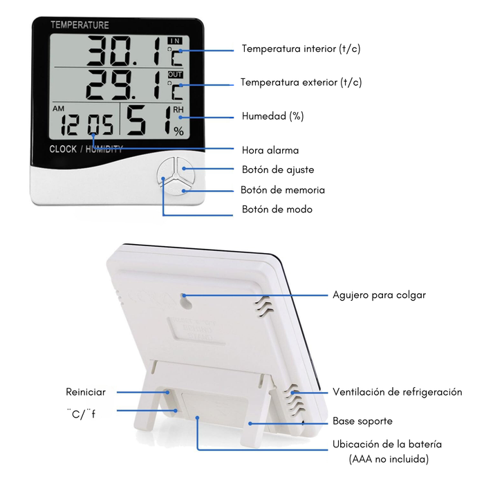 Termómetro Higrómetro Digital Htc-2 Sonda. Reloj+alarma