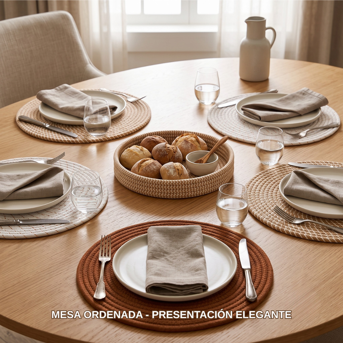 Set 5 Individuales Manteles Redondos Algodón Trenzados 35cm