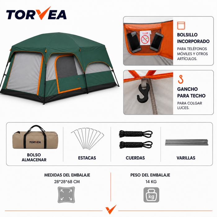 Carpa Camping Tienda Familiar 8 A 12 Personas Impermeable Verde
