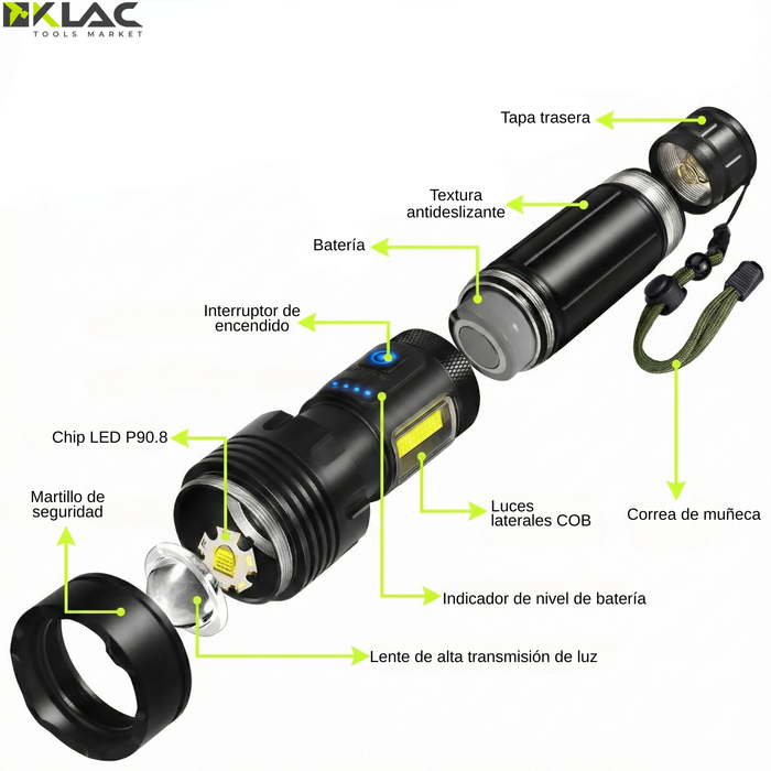 Linterna Led Recargable Táctica Alto Alcance 500m Usb Tipo C Blanco Led Negro