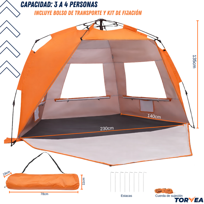 Carpa De Playa Automática Corta Viento Filtro Uv 50+ Camping Naranja