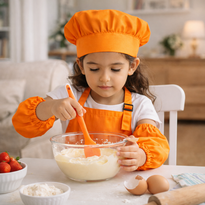 Set Delantales Cocina Infantil Gorro Mangas Protectores Chef Naranja Talla Unica