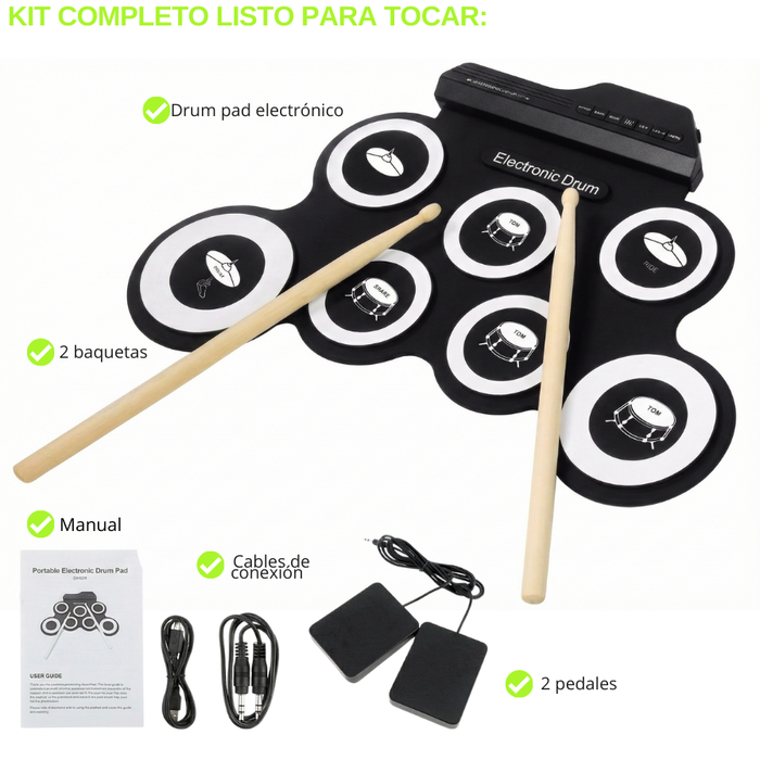 Tambor Electrónico 7 Pads Con Pedales Drum Pad Portátil Negro