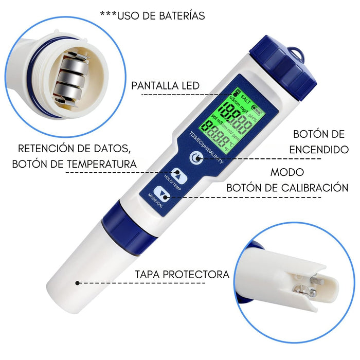 Medidor Digital Agua 5 En 1 Ph /ec/tds/salinidad/temperatura