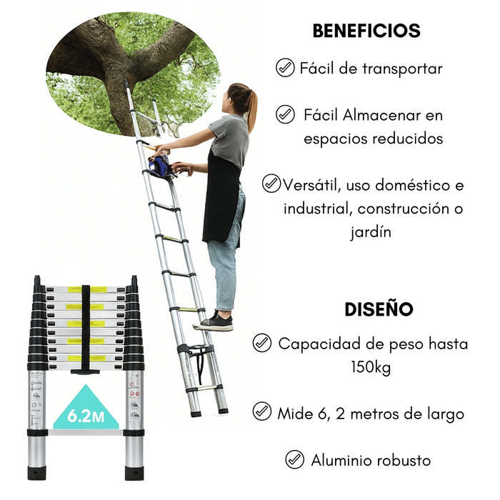 Escalera Telescopica Aluminio Retráctil 6,2 Mts Soporta 150k