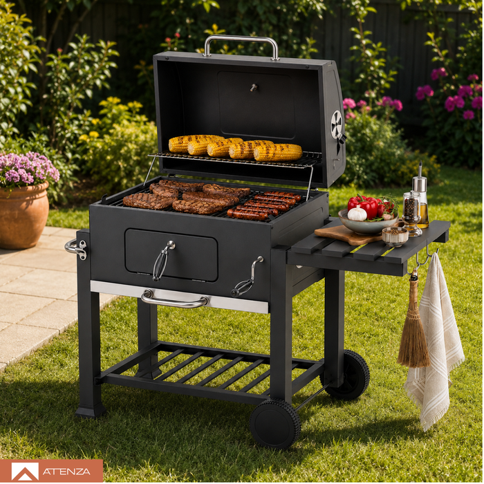 Parrilla A Carbón Móvil Tapa Acero Inoxidable Ruedas Mesa