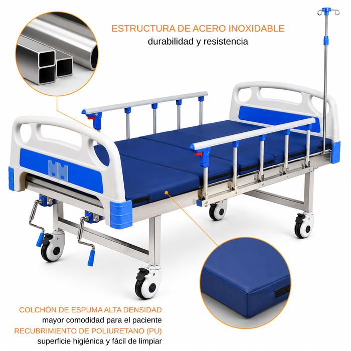 Catre Clinico Manual + Porta Suero + Colchon Color Blanco