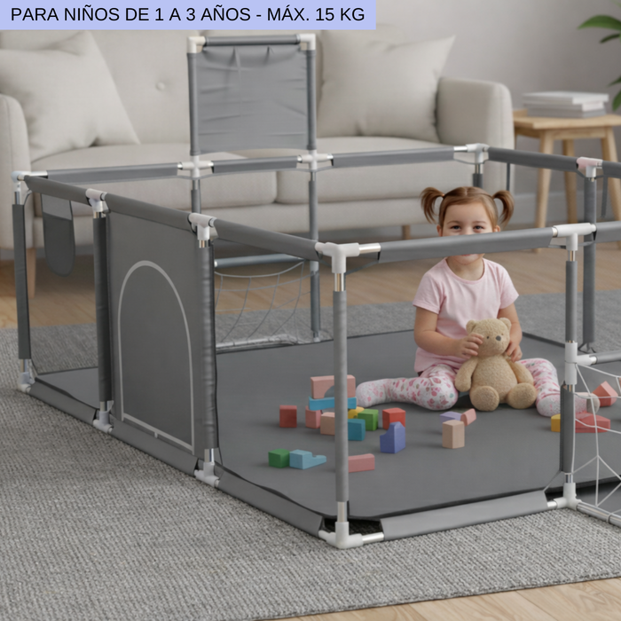 Corral Bebe Seguridad Juego Basket Futbol Infantil Malla Gris Liso