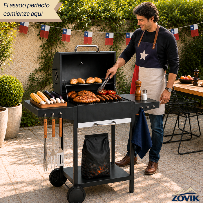 Parrilla Asador A Carbon Acero Inoxidable Con Ruedas Tapa y Termometro
