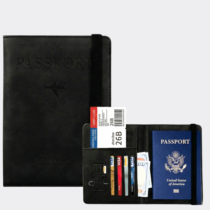 Funda Porta Pasaporte Con Tarjetero Y Sim Organizador Viaje Negro Liso