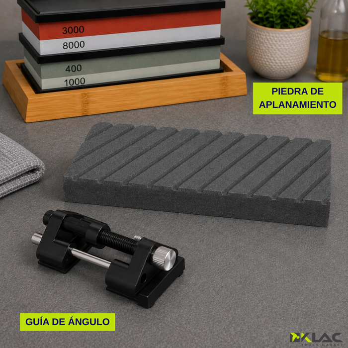 Piedras de Afilar Cuchillos Kit 9 pcs Con Base y Accesorios Granos 400/1000 3000/8000