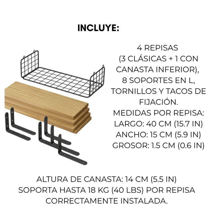 Kit 4 Capas Repisas Flotantes De Madera Modernas
