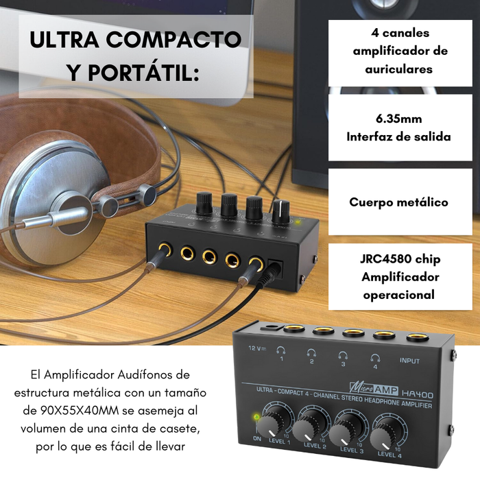 Amplificador Audífonos Compacto Ha400 De 4 Canales Negro 40 W