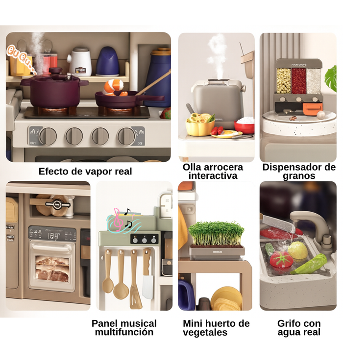 Cocina De Juguete Grande 93cm 104pcs Vapor Agua Grifo Luces