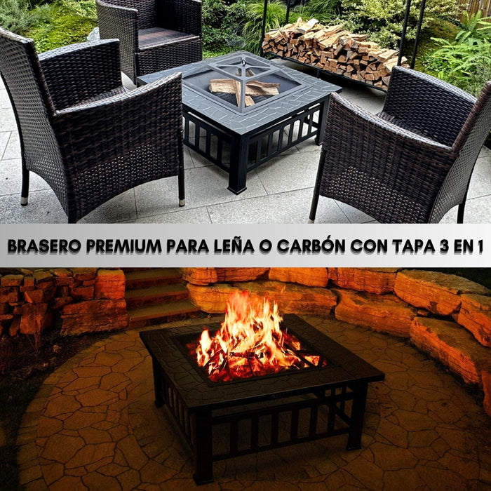 Brasero Parrilla Premium Para Leña O Carbón Con Tapa 3 En 1