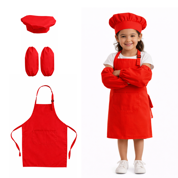 Set Delantales Cocina Infantil Gorro Mangas Protectores Chef Rojo Talla Unica