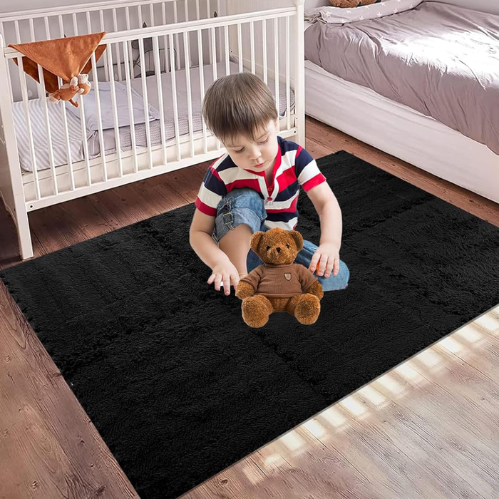 Set 10 Alfombras Goma Eva Peluda Niños Piso Felpa 30x30cm Negra
