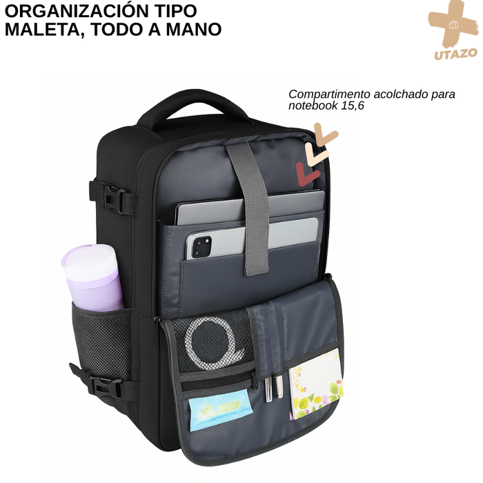 Mochila De Viaje Avión Con Usb Impermeable Laptop 15,6 35l Negro Liso