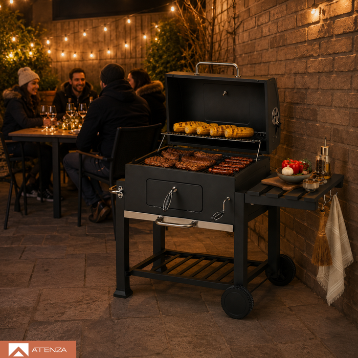 Parrilla A Carbón Móvil Tapa Acero Inoxidable Ruedas Mesa