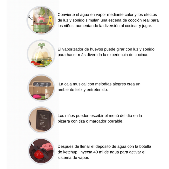 Cocina De Juguete Grande 93cm 88pcs Vapor Agua Grifo Luces