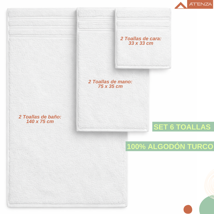 Pack 6 Toallas 100% Algodón Turco Premium Cara Mano Cuerpo Blanco Lisa