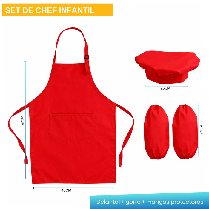 Set Delantales Cocina Infantil Gorro Mangas Protectores Chef Rojo Talla Unica