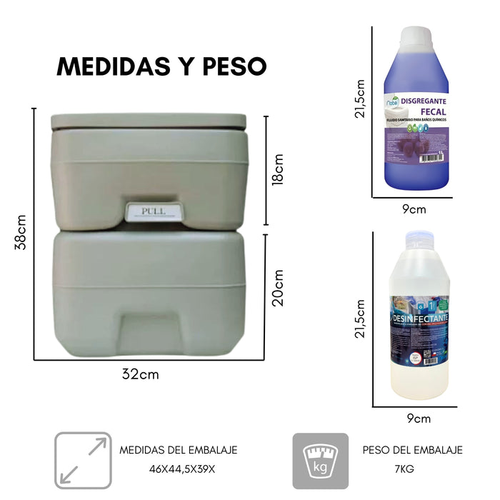 Baño Quimico Portatil 20 Litros Inodoro + 2 Liquidos Limpieza
