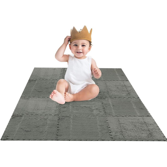 Set 10 Alfombras Goma Eva Peluda Niños Piso Felpa 30x30cm Gris