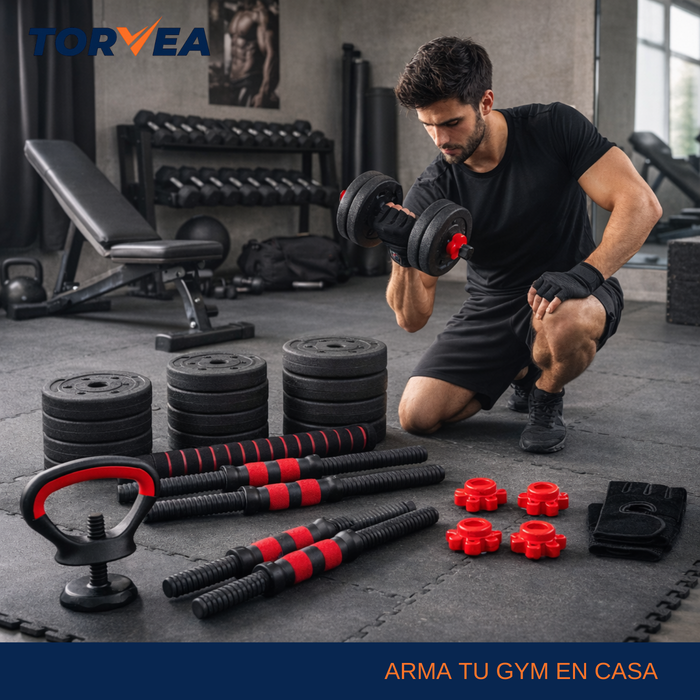 Set Mancuernas Y Barra Ajustable 20kg Pesas Para Ejercicio Rojo