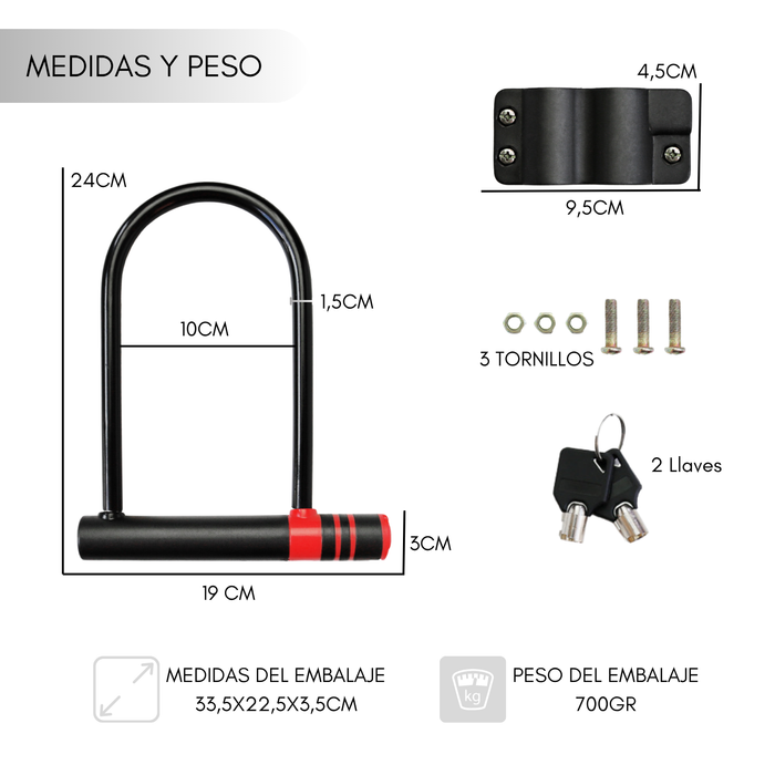 Candado U Lock para Bicicleta y Moto 2 Llaves Anti Robo