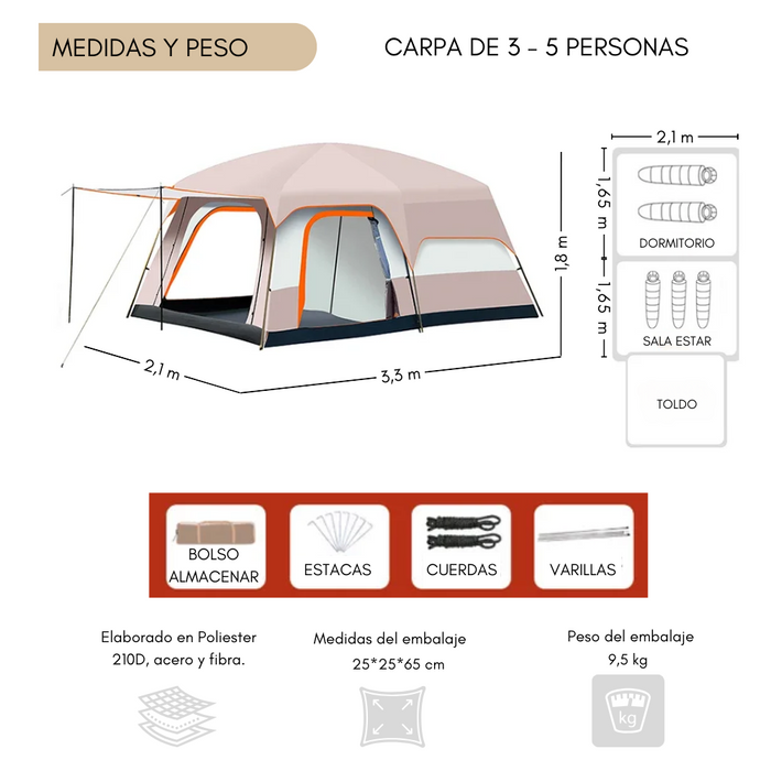 Carpa Camping Tienda Familiar 3-5 Personas Impermeable