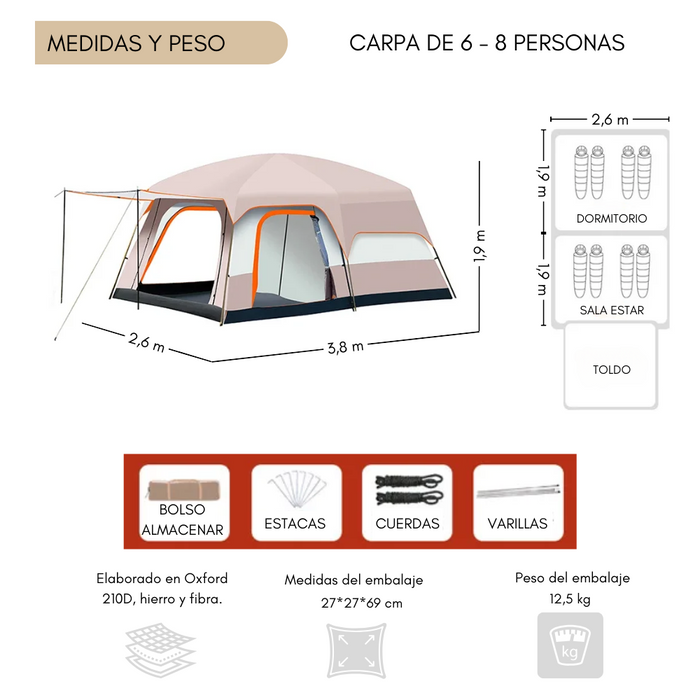 Carpa Camping Tienda Familiar 6-8 Personas Impermeable