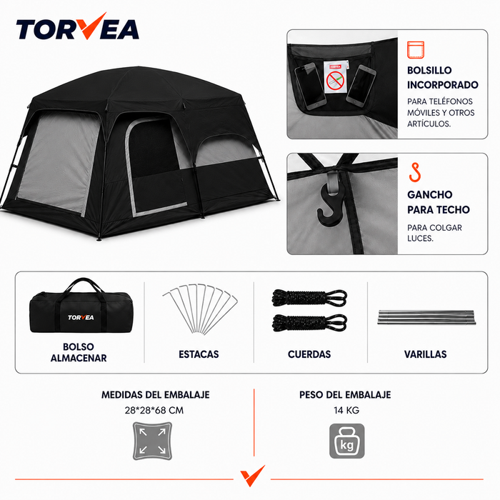 Carpa Camping Tienda Familiar 8 A 12 Personas Impermeable Negro