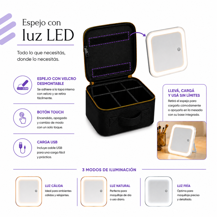 Cosmetiquero Organizador Maquillaje Con Espejo Led Estuche