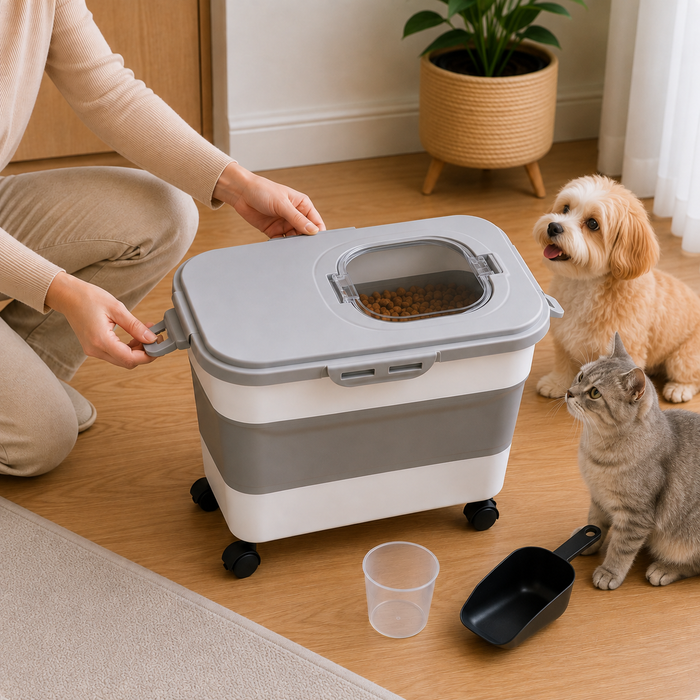 Contenedor Comida Mascotas Hermético Con Ruedas 20 L Pala y Vaso Medidor Para Alimento