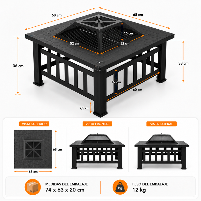 Brasero Parrilla Premium Para Leña O Carbón Con Tapa 3 En 1