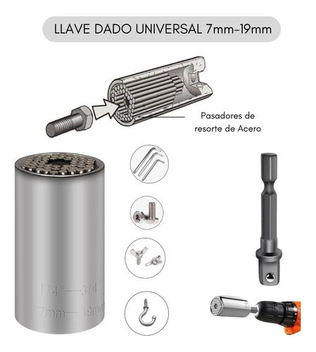 Llave Dado Universal 7mm-19mm Taladro + Adaptador Angular