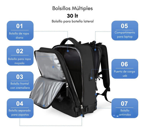 Mochila De Viaje Avión Multifuncional Gran Capacidad 30 Lts