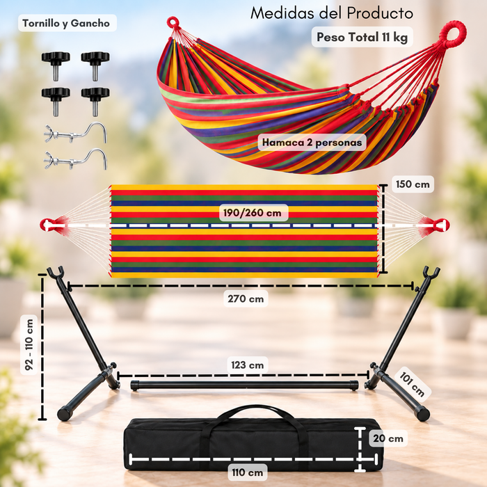 Hamaca Soporte Metal Ensamblado Portatil 2 Plazas 190x150cm